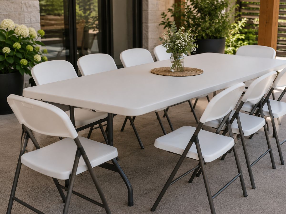 Location de table rectangulaire pliante avec chaises pour événements à Montréal
