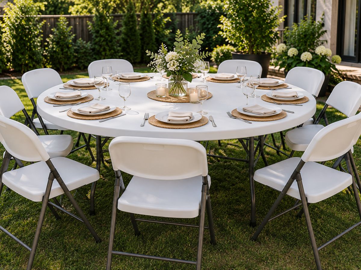 Table ronde avec chaises pliantes pour événement à Montréal